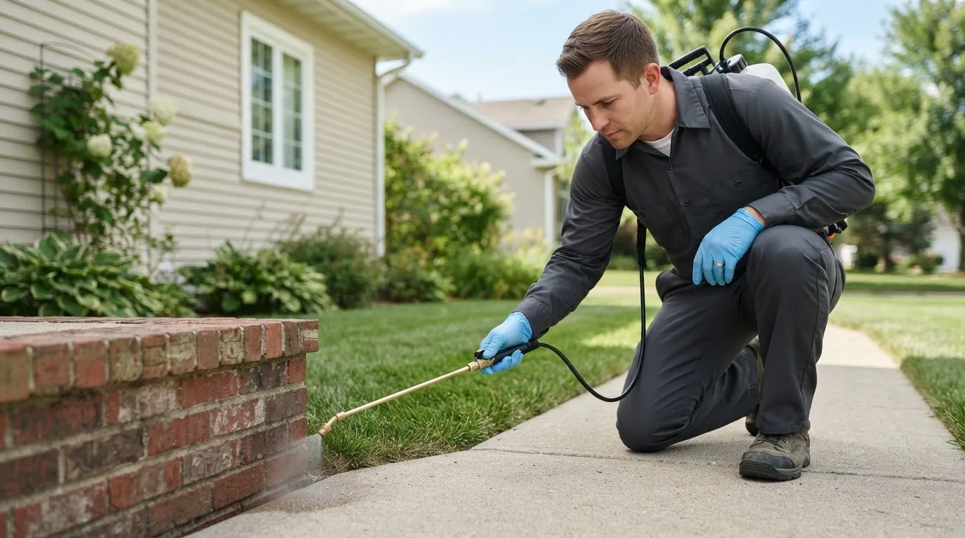 Pest control technician treating a home near Council Hill, OK